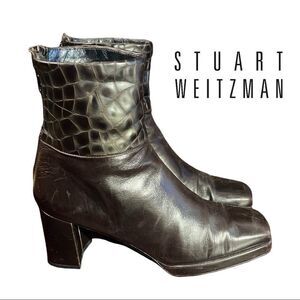 Stuart Weitzman Chocolate Brown Leather Croc Platform Heeled Ankle Booties 7